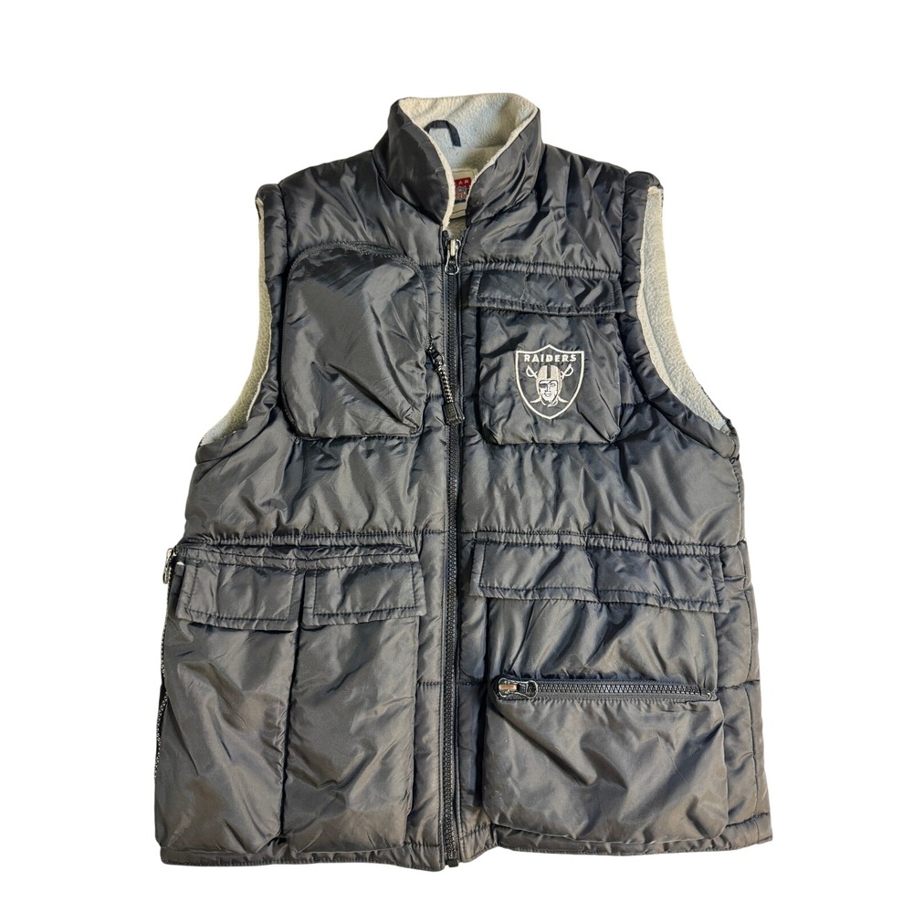 Vintage Puma NFL Team Raiders Puffer Vest Black Fleece Lined Cargo Pocket Gilet